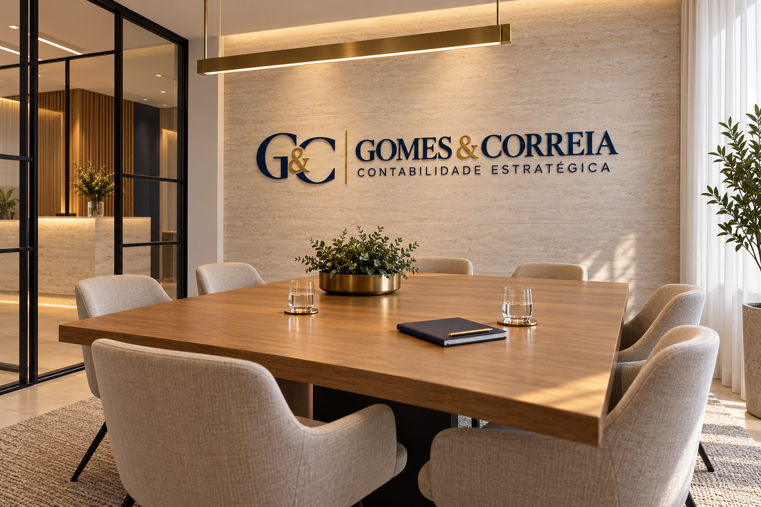 Ilustração conceitual de sala de reunião com a logomarca Gomes & Correia